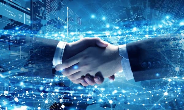Apretón de manos sobre una red digital que simboliza la alianza tecnológica